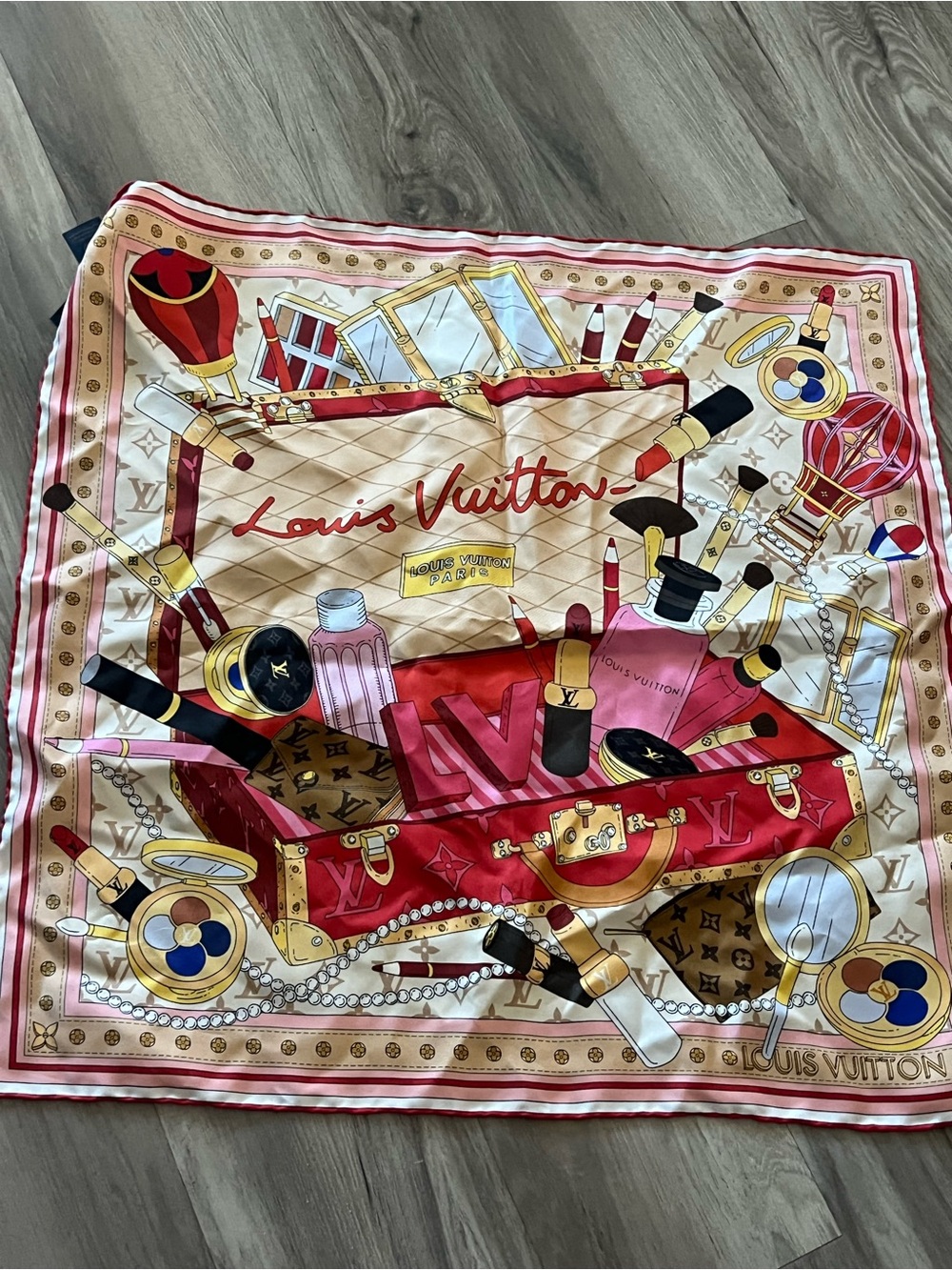 Louis Vuitton Red Pink and Gold Silk Travel Vanity Scarf